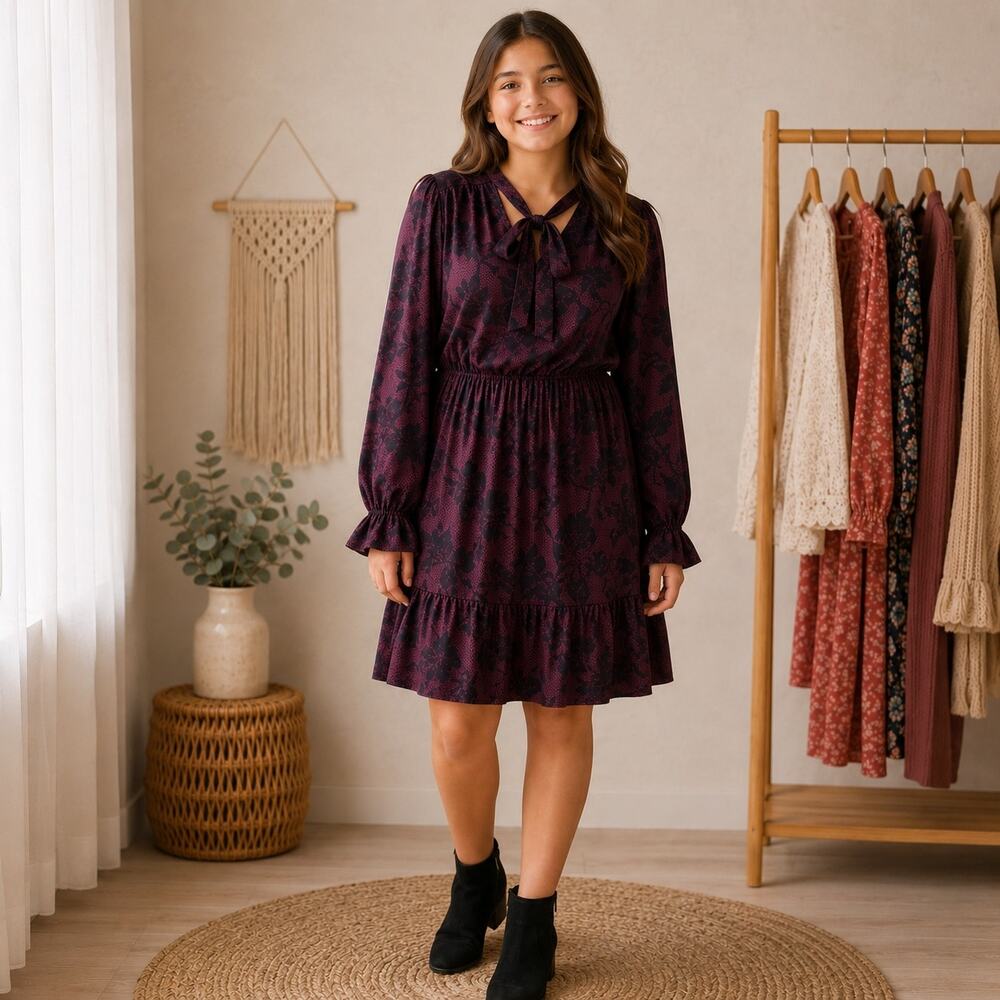 Eloquii Maroon Black Floral Tie Neck Mini Dress 16